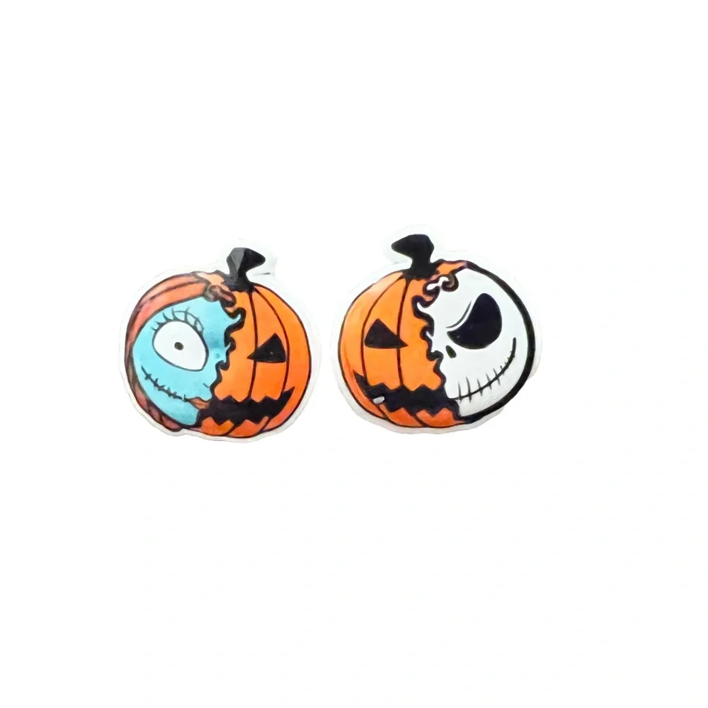 Jack and Sally, jack-o’-lantern, pumpkin stud earrings. New - Picture 9 of 11